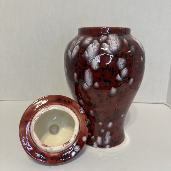 Handmade Red White Drip Glaze Ceramic Ginger Jar Vase with Lid 13.5" - Picture 8 of 10
